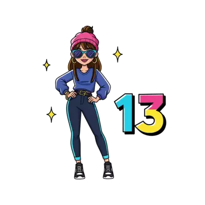 A chic cartoon illustration of a fashionable teenage girl striking a confident pose, surrounded by sparkling elements and the number 13, in a modern, vibrant pop-art style with bright colors.