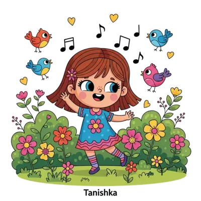 A vibrant cartoon illustration of a cheerful girl named Tanishka dancing in a lush, colorful garden with singing birds, blooming flowers, and musical notes floating around, in a bright and playful style.