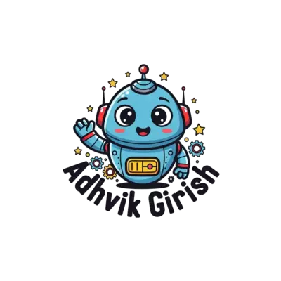 A charming cartoon robot character, round and friendly, with big expressive eyes, waving hello, surrounded by small gears and stars, in a bright and playful style. The name 'Adhvik Girish' is playfully integrated into the scene.
