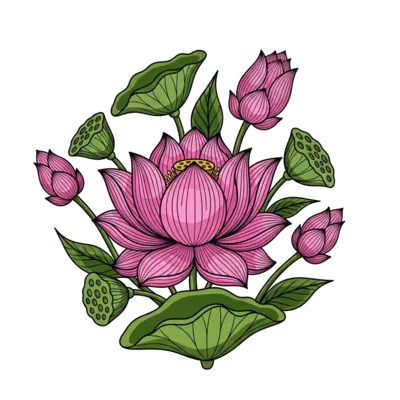 A beautiful, intricate illustration of a blooming pink lotus flower, with smaller lotus buds and leaves, rendered in a traditional Indian art style, vibrant and elegant, suitable for a child.