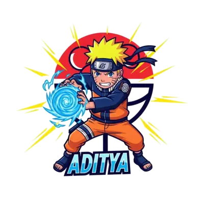 A dynamic illustration of Naruto Uzumaki mid-Rasengan, with vibrant blue chakra swirling around his hand, in a bold and action-packed comic book style. The background features energetic speed lines and a stylized Konoha symbol. The name 'ADITYA' is incorporated below in a cool, ninja-inspired font.