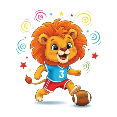 A whimsical cartoon lion cub joyfully dribbling a football, with playful swirls and stars around him, vibrant colors, children's book illustration style.