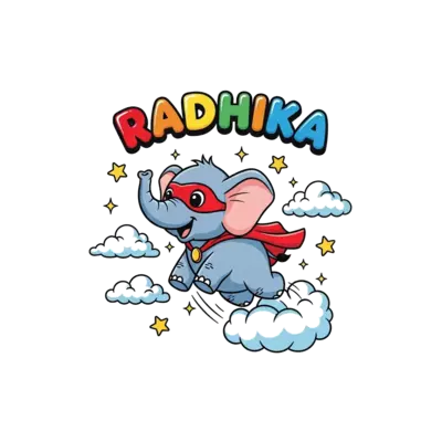 A super cute cartoon baby elephant wearing a tiny superhero cape, joyfully flying through a sky filled with fluffy clouds and sparkling stars, with the name 'Radhika' in bubbly, colorful letters. Cheerful, vibrant illustration style.