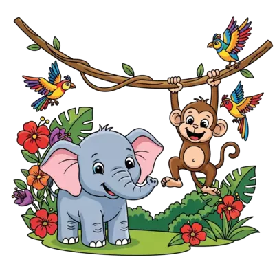 A cheerful baby elephant and a playful monkey swinging from a vine in a lush, vibrant jungle, surrounded by bright flowers and exotic birds, in a colorful cartoon style.