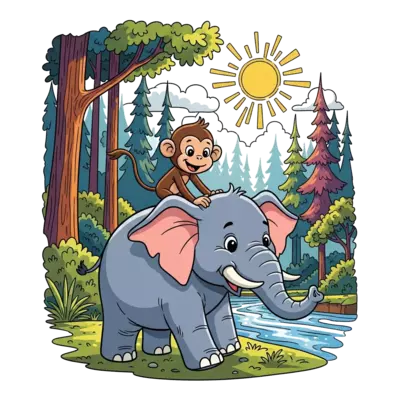 A happy little monkey riding on the back of a friendly cartoon elephant, exploring a sunny, colorful forest with towering trees and a sparkling river, in a vibrant and whimsical illustration style.