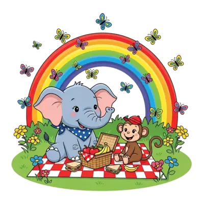 An adorable elephant and monkey duo having a picnic in a vibrant outdoor scene, with a rainbow arching over a cheerful meadow filled with colorful butterflies and flowers, in a cute and bright animation style.
