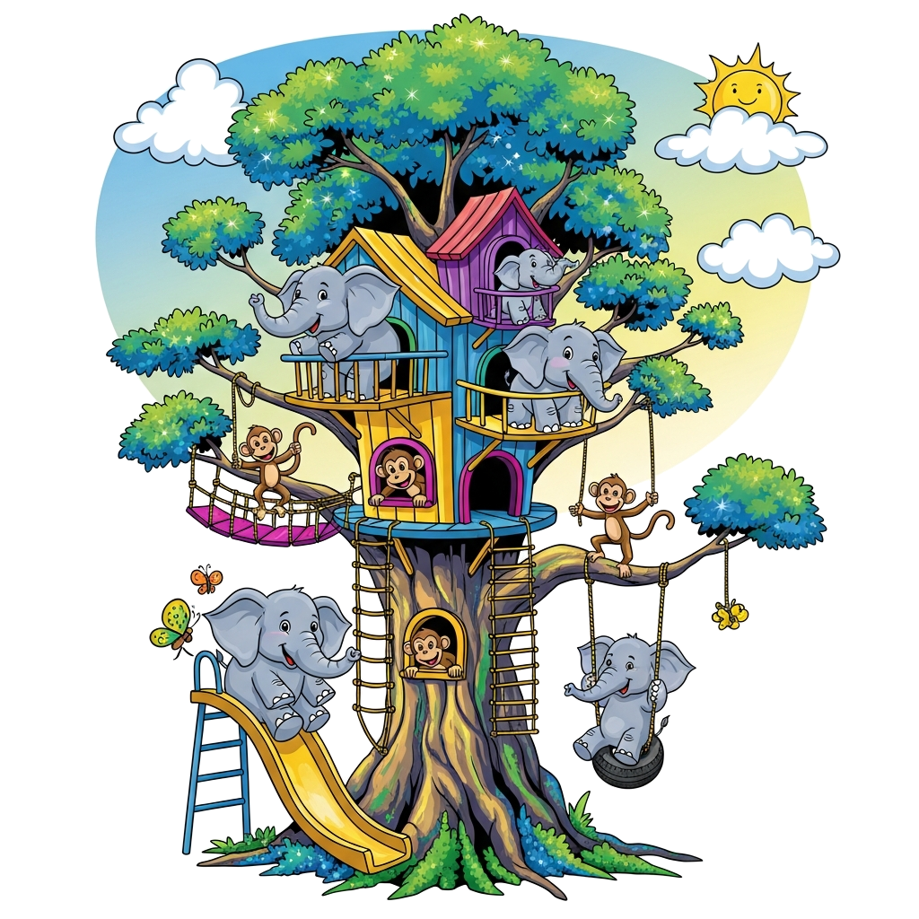 Custom design: A group of happy cartoon elephants and monkeys playing together in a fantastical, colorful treehouse nestled in a gia...