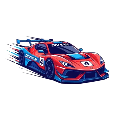 A dynamic, bold illustration of a sleek, futuristic race car in vibrant red and blue, speeding forward with motion blur. The number '4' is integrated into the design, perhaps on the side or hood, with 'Divyan' subtly incorporated in a cool, stylized font. Energetic lines and a sense of motion, vector art style.