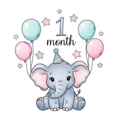 An adorable baby elephant wearing a tiny party hat, surrounded by soft pastel balloons and stars, with the number '1 month' delicately integrated, in a cute, dreamy watercolor style.