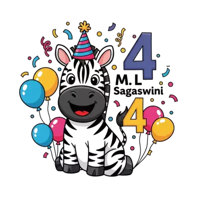 A cheerful cartoon zebra wearing a party hat, surrounded by balloons and confetti, with the number '4' prominently displayed. The name 'M L Sagaswini' is incorporated playfully into the design, in a vibrant, cute illustration style.