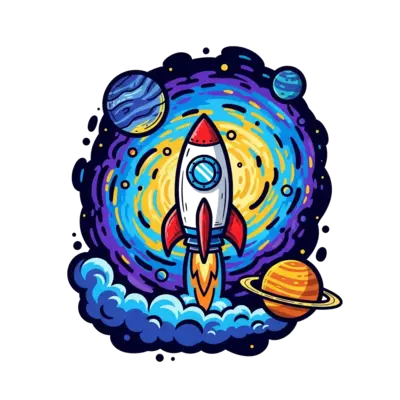 A bold, cool graphic illustration of a rocket launching into a starry galaxy, with abstract nebulae and planets, in a dynamic and vibrant color palette, vector art style.