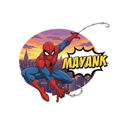 A dynamic illustration of Spider-Man mid-swing over a detailed city skyline at sunset, with 'MAYANK' boldly integrated into a comic-style speech bubble or banner. Realistic comic book art, vibrant and action-packed.