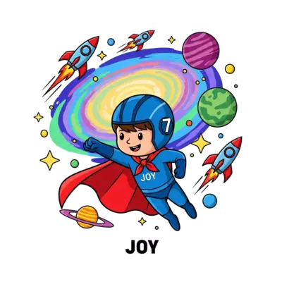 A vibrant cartoon illustration of a superhero boy, Joy, flying through a colorful galaxy with planets, stars, and rockets, wearing a cape and a helmet with the number '7' subtly integrated into the design. Playful, dynamic style.