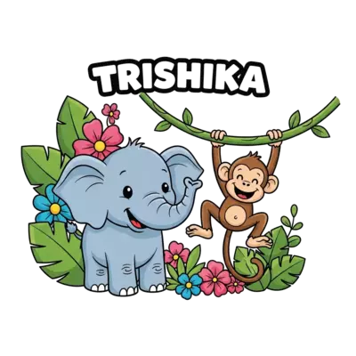 A cheerful cartoon baby elephant and a playful monkey swinging from a vine, surrounded by lush green leaves and colorful flowers, in a vibrant, cute, and cartoonish style. Text: Trishika.
