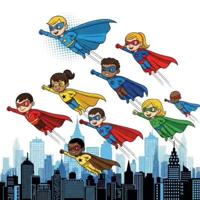 A dynamic illustration of a diverse group of cartoon kid superheroes flying over a vintage comic book city skyline, each striking a heroic pose with capes billowing. Features classic halftone dots, bold outlines, and vibrant primary colors, reminiscent of 1960s comic art.
