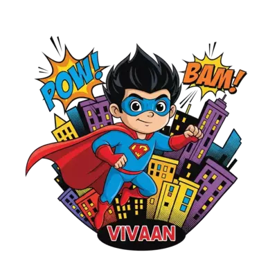 A dynamic illustration of a young superhero, 'Vivaan', soaring through a vibrant comic book cityscape, with bold outlines, bright colors, and 'POW!' 'BAM!' sound effects in the background, action-packed scene.