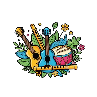 A playful design for Tanishka showing a group of cute, colorful musical instruments (like a guitar, drum, and flute) with nature elements like leaves and flowers, all in a dynamic, bright, and cheerful cartoon style.
