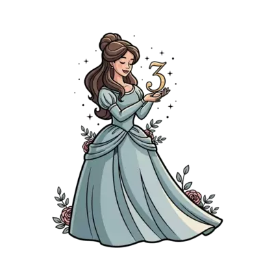 An elegant fairytale princess with a flowing gown and a gentle smile, holding a delicate golden number '3', surrounded by subtle sparkles and soft floral accents, in a classic storybook illustration style with muted pastel colors.