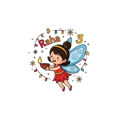 A cute, playful fairy with a tiny diya, surrounded by sparkling Diwali lights and stars, with 'Raha' and '3' subtly integrated into the design, vibrant cartoon style.