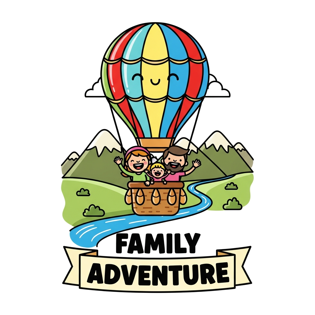 Custom design: A whimsical illustration of a happy cartoon family (two adults, one child) in a hot air balloon, floating over a land...