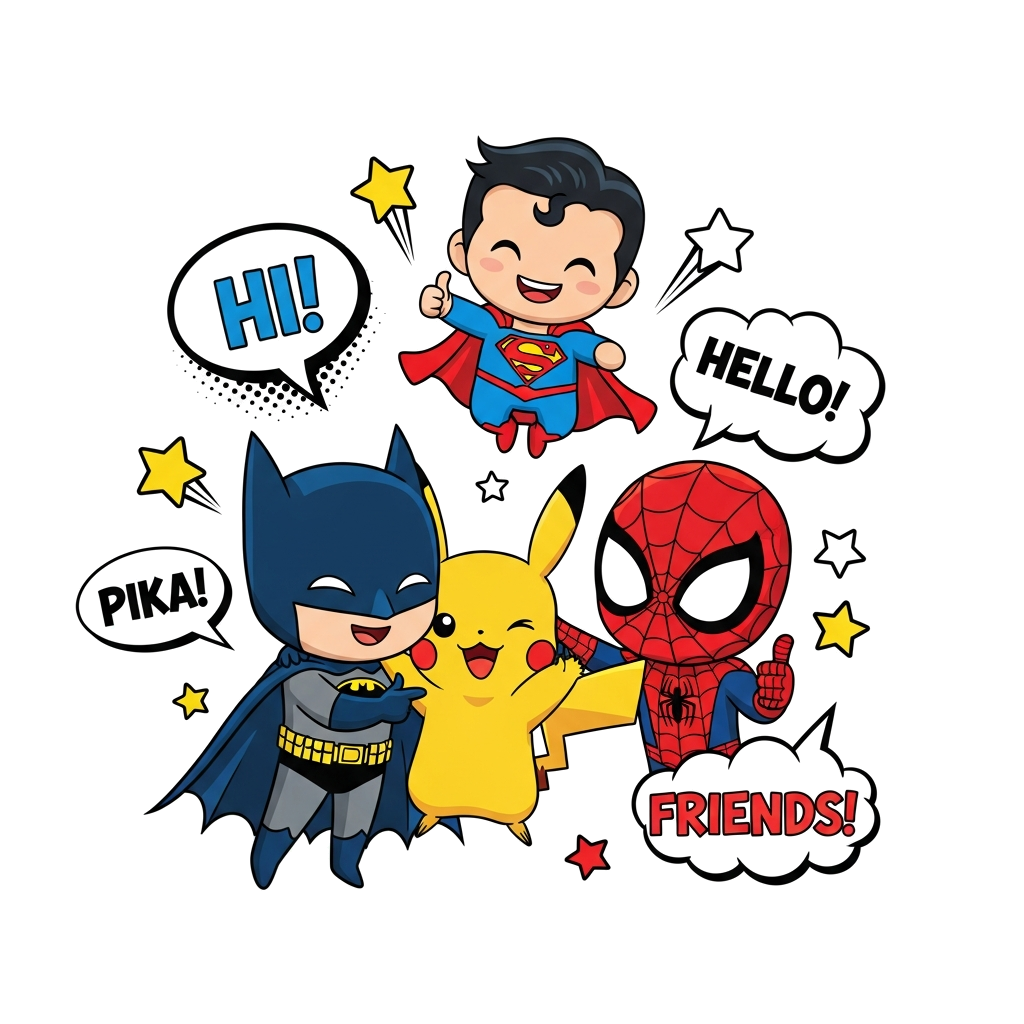 Custom design: A vibrant, cartoon illustration of cute, chibi-style Batman, Spiderman, and Superman having a friendly interaction wi...