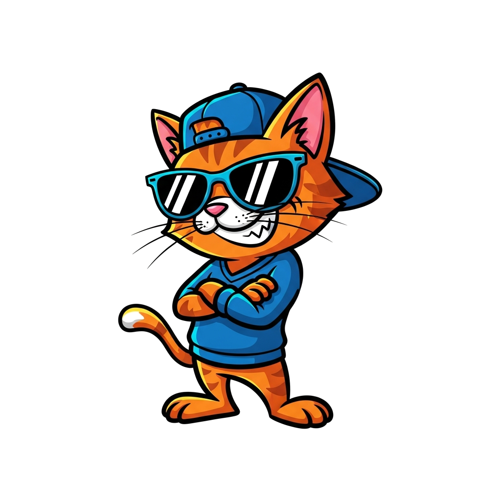 Custom design: A cool cartoon cat wearing stylish sunglasses and a backwards cap, striking a confident pose with a mischievous grin,...