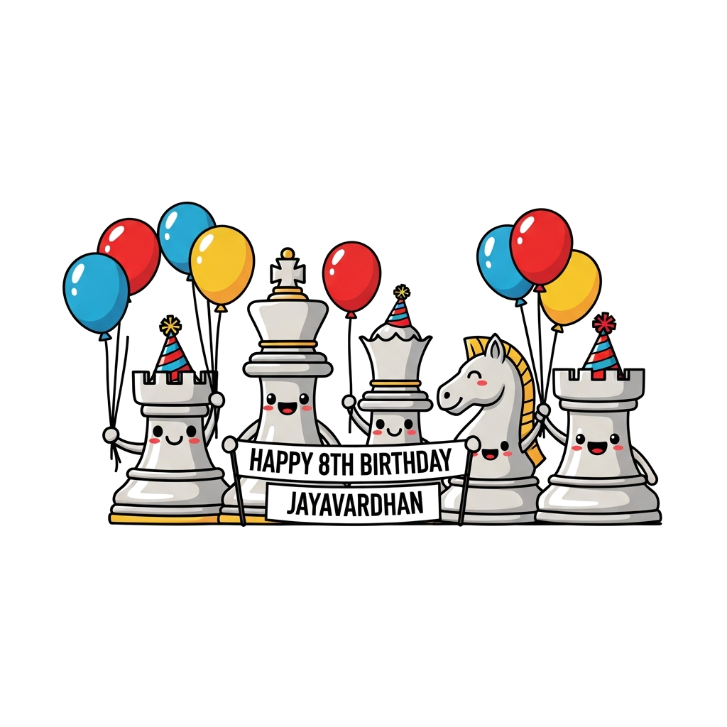 Custom design: A group of adorable, smiling cartoon chess pieces (king, queen, knight, rook) wearing tiny party hats and holding col...