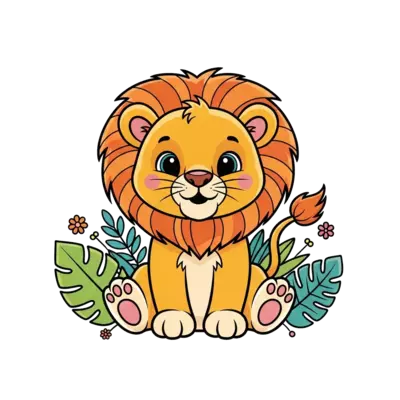 A super cute baby lion cub, in a playful cartoon style, with big friendly eyes and a fluffy mane, sitting happily amidst colorful jungle leaves and tiny flowers, vibrant and cheerful illustration.