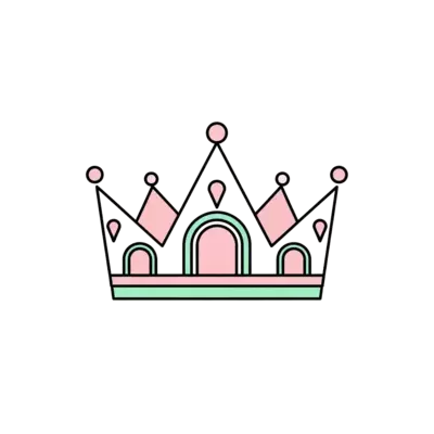 A minimalist and modern illustration of a princess crown, featuring clean lines and geometric shapes, in soft pastel pink and mint green. The design should be elegant and understated.