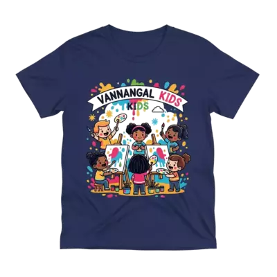 A group of diverse, cute cartoon children happily painting on easels, surrounded by colorful paint splatters and brushes, with "Vannangal Kids" subtly integrated into a playful banner above them, vibrant and cheerful style.