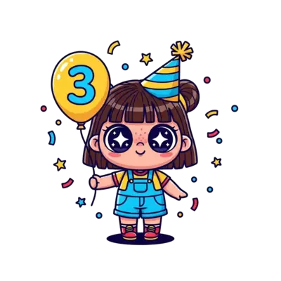 A cute cartoon doll with big, sparkling eyes, wearing a party hat and holding a balloon with the number '3', surrounded by confetti and tiny stars, in a vibrant, playful style.