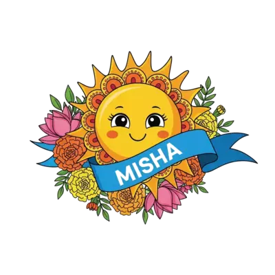 A vibrant illustration for Poila Boishakh featuring a cheerful sun character with a traditional Bengali 'alpana' pattern halo, surrounded by blooming marigold and lotus flowers, with the name 'MISHA' subtly integrated into a flowing ribbon banner, in a bright, modern cartoon style.