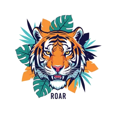 A majestic, stylized tiger head in a bold and cool art style, with sharp but friendly lines, surrounded by abstract jungle leaves, text 'Roar' integrated subtly below, vibrant colors.