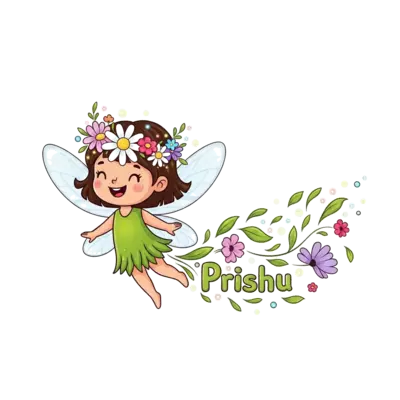 A whimsical cartoon illustration of a joyful little fairy with sparkly wings and a flower crown, flying amidst magical glowing flowers and leaves, with the name 'Prishu' subtly integrated into the design, in a cute, vibrant, and playful style.