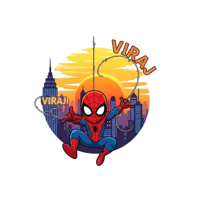 A vibrant, colorful cartoon illustration of a cheerful Spider-Man swinging through a cityscape at sunset, with 'Viraj' subtly integrated into a web or building, in a playful, energetic style.