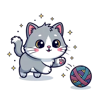 A super cute, fluffy cartoon cat with big, curious eyes, playfully chasing a colorful yarn ball, surrounded by tiny sparkling stars, in a vibrant kawaii style.