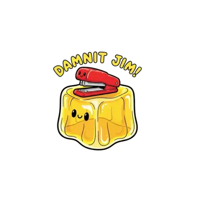 A cute, wobbly yellow Jell-O cube with a friendly red stapler nestled perfectly inside, rendered in a playful cartoon style with bright, cheerful colors. The text 'Damnit Jim!' floats above in a fun, bubbly font.