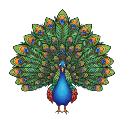 A majestic, stylized peacock illustration with a grand, fanned tail, rendered in a vibrant watercolor painting style, showcasing a spectrum of jewel-toned colors like emerald green, sapphire blue, and ruby red, with intricate patterns.
