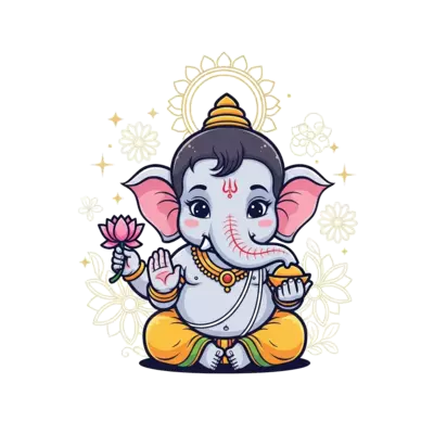 A super cute, chubby baby Ganesha illustration, with big eyes and a gentle smile, holding a tiny lotus flower, surrounded by delicate traditional Indian floral patterns and a soft, auspicious glow. Cartoon style, pastel colors with gold accents.