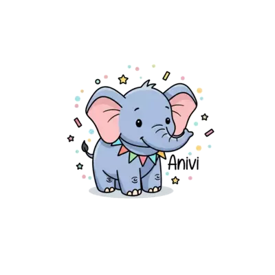 A charming cartoon baby elephant illustration, wearing a tiny celebratory garland, with the name 'Anivi' subtly integrated into the design, surrounded by soft, pastel confetti and tiny stars, in a whimsical, child-friendly style.