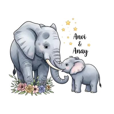 A heartwarming watercolor illustration of a majestic adult elephant gently nuzzling a sweet baby elephant, surrounded by delicate pastel flowers and floating golden stars, with the names 'Anvi & Anay' subtly integrated into the design, in a soft, ethereal style.