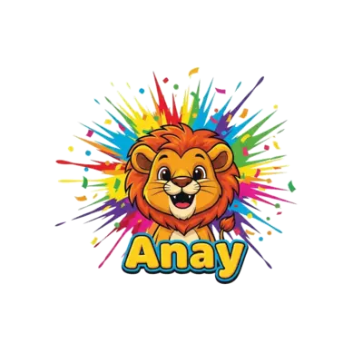 A super cute and playful cartoon lion cub, with a big friendly smile, surrounded by a dynamic burst of vibrant rainbow paint splatters and confetti. The name 'Anay' is written in a cheerful, bubbly font positioned below the lion, in a high-energy illustration style.
