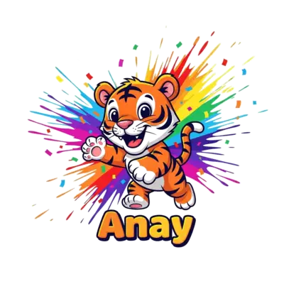 A super cute and playful cartoon baby tiger with a big friendly smile, pouncing amidst a dynamic burst of vibrant rainbow paint splatters and confetti. The name 'Anay' is written in a cheerful, bubbly font positioned below the tiger, in a high-energy illustration style.
