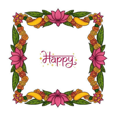 A vibrant traditional Indian floral motif, featuring stylized lotus flowers, marigold garlands, and mango leaves, forming an elegant frame. In the center, the word "Happy" is written in a beautiful, decorative Indian script, surrounded by subtle shimmering accents. Rich, festive colors like saffron, deep pink, and gold.