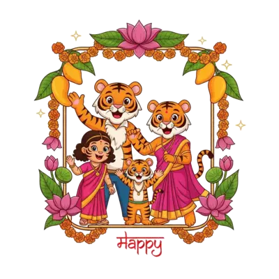 A vibrant, child-friendly illustration of a happy cartoon tiger family (father, mother, young son, and elder daughter) playfully posing within an elegant, traditional Indian floral frame. The frame features stylized lotus flowers, marigold garlands, and mango leaves. The word 'Happy' is beautifully integrated into the bottom of the frame in a decorative Indian script. Subtle shimmering gold accents are scattered throughout. The color palette is rich and festive, combining saffron, deep pink, and gold with warm, friendly tiger stripes and soft jungle greens.