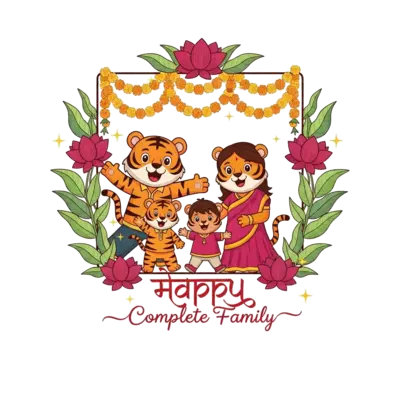 A vibrant, child-friendly illustration featuring a happy cartoon tiger family (father, mother, young son, and elder daughter) playfully posing within an elegant, traditional Indian floral frame. The frame is adorned with stylized lotus flowers, marigold garlands, and mango leaves. The word 'Happy' is beautifully integrated into the bottom of the frame in a decorative Indian script, with the phrase 'Complete Family' elegantly scripted directly below it. Subtle shimmering gold accents are scattered throughout, and the color palette is rich and festive, combining saffron, deep pink, and gold with warm, friendly tiger stripes and soft jungle greens.