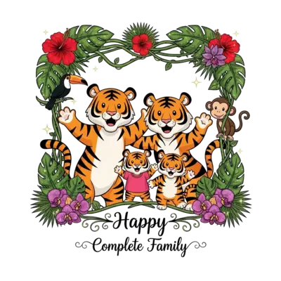 A vibrant, child-friendly illustration featuring a happy cartoon tiger family (father, mother, young son, and elder daughter) playfully posing within a lush, tropical jungle frame of thick leaves, winding vines, and colorful exotic flowers like hibiscus and orchids. Friendly jungle animals like a toucan and a monkey are subtly integrated. The word 'Happy' is beautifully integrated into a decorative vine at the bottom, with the phrase 'Complete Family' elegantly scripted directly below it. Subtle shimmering gold accents are scattered throughout, and the color palette is rich and festive, combining saffron, deep pink, and gold with warm, friendly tiger stripes and vibrant jungle greens.