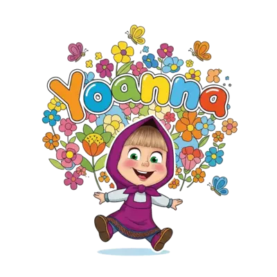 A super cute and playful cartoon illustration of Masha from Masha and the Bear, skipping happily with a mischievous smile, surrounded by colorful flowers and butterflies. The name 'Yoanna' is playfully integrated into the background with bubbly, child-like letters. Vibrant colors, soft edges, whimsical style.