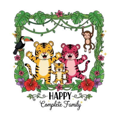 A vibrant, child-friendly illustration featuring a happy cartoon tiger family (father, mother, young son, and elder daughter) playfully posing within a lush, tropical jungle frame of thick leaves, winding vines, and colorful exotic flowers like hibiscus and orchids. Friendly jungle animals like a toucan and a monkey are subtly integrated. The word 'Happy' is beautifully integrated into a decorative vine at the bottom, with the phrase 'Complete Family' elegantly scripted directly below it. Subtle shimmering gold accents are scattered throughout. The color palette is rich and festive, combining saffron, deep pink, and gold with warm, friendly tiger stripes and vibrant, light jungle greens.