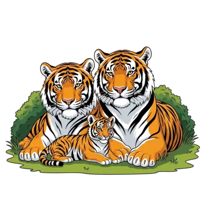 A heartwarming illustration of a realistic yet friendly tiger family (two adult tigers, one older cub, one baby cub) resting together in a lush green jungle clearing, bathed in soft sunlight. Detailed fur texture, gentle expressions, and a serene atmosphere.